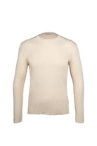 Cream-colored ribbed knit sweater with a classic crew neck and long sleeves.
