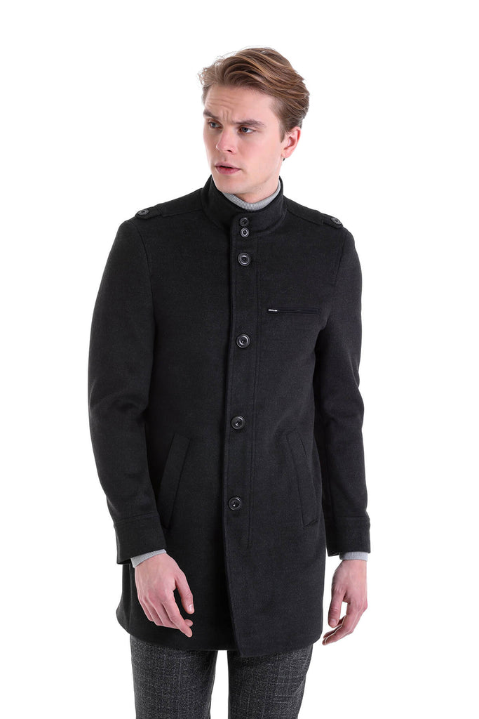 Slim Fit Seul Stand Collar Black Overcoat - MIB