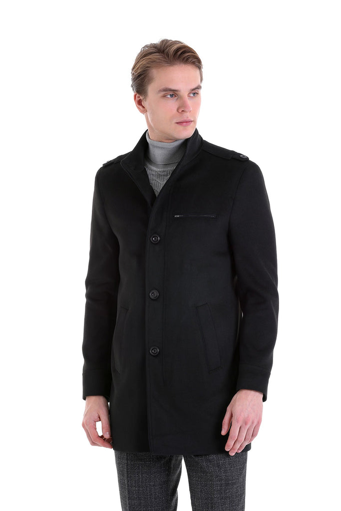 Slim Fit Seul Stand Collar Black Overcoat - MIB