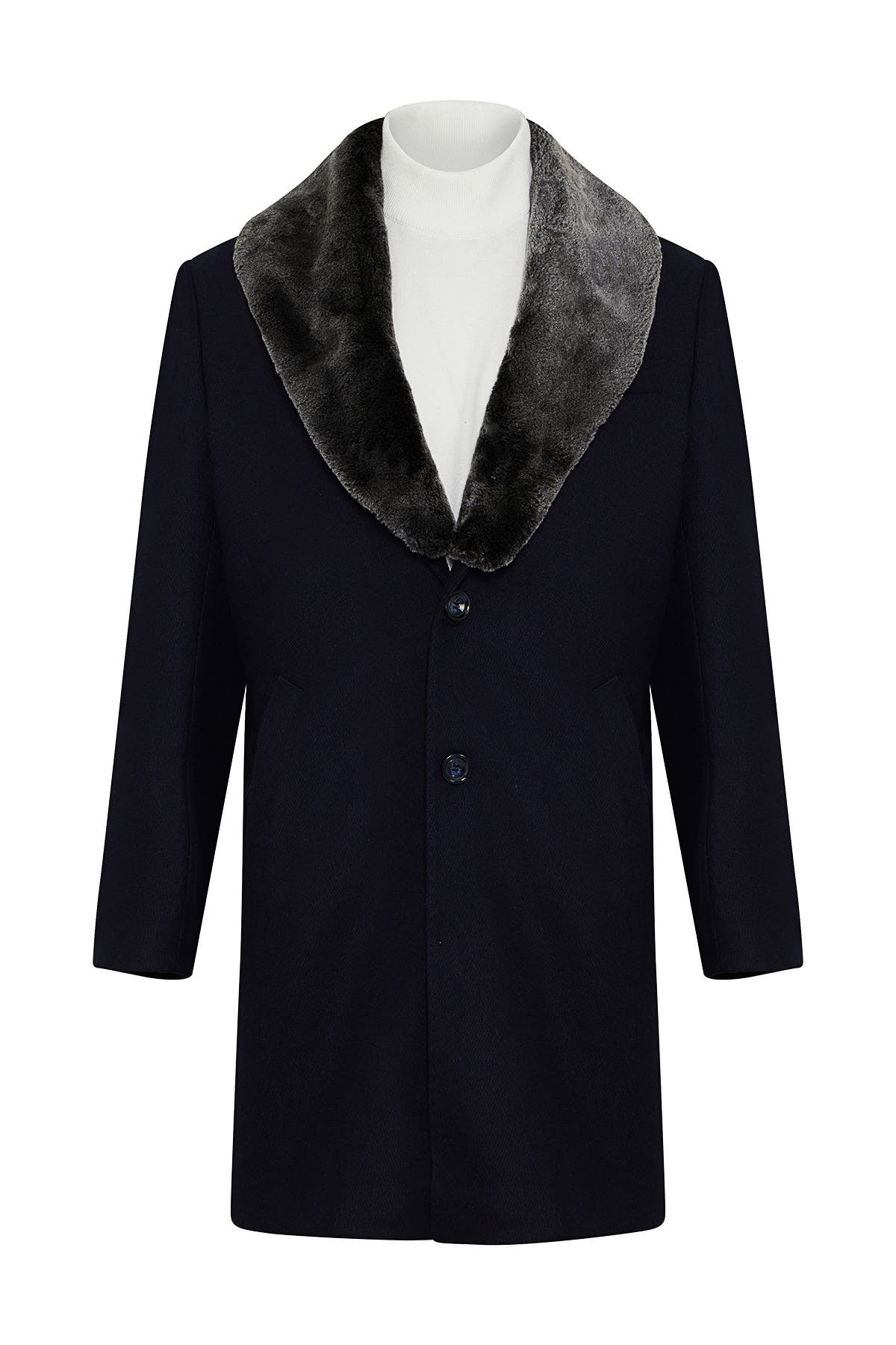Slim Fit Shawl Collar Cachet Navy Wool Blend Overcoat - SAYKI