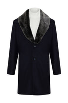 Black wool coat with a plush gray fur collar.