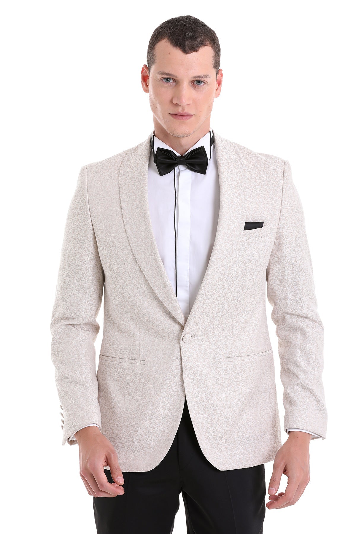 Slim fit beige floral jacquard tuxedo jacket with textured pattern and black bow tie for evening events