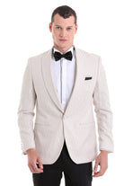 Slim fit beige floral jacquard tuxedo jacket with textured pattern and black bow tie for evening events