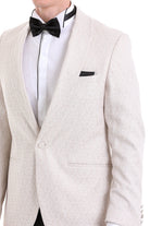 Slim fit beige floral jacquard wool tuxedo jacket with black satin lapel trim and pocket square for evening events