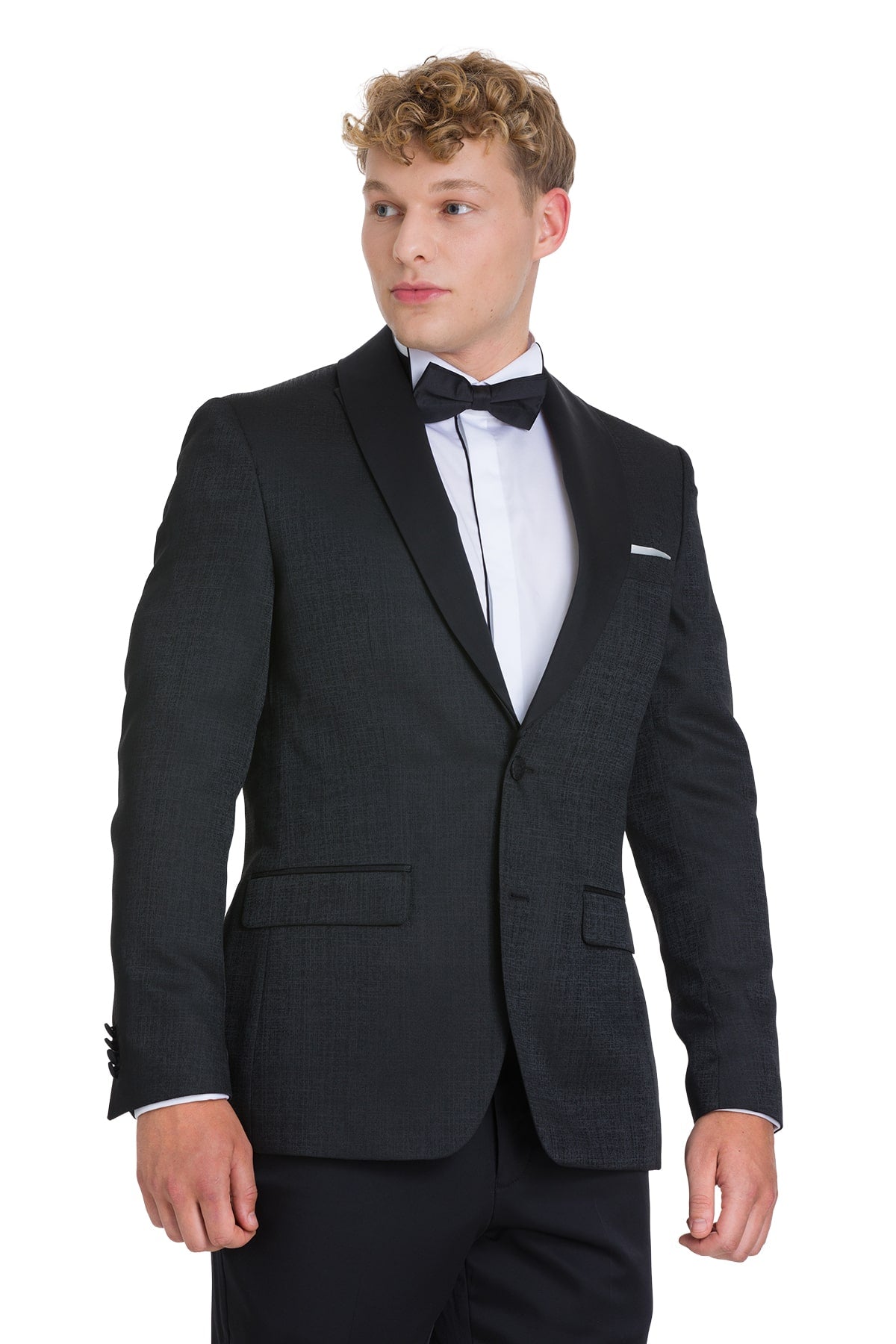 Slim fit black tuxedo jacket with shawl lapel satin trim and textured weave for elegant evening events