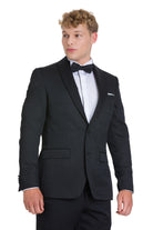 Slim fit black tuxedo jacket with shawl lapel satin trim and textured weave for elegant evening events
