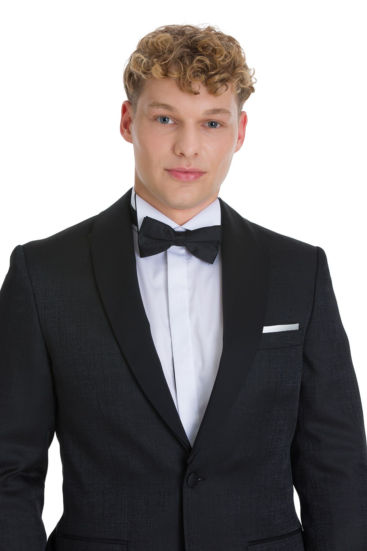 Slim fit black textured tuxedo jacket with shawl lapel and white pocket square for elegant evening events