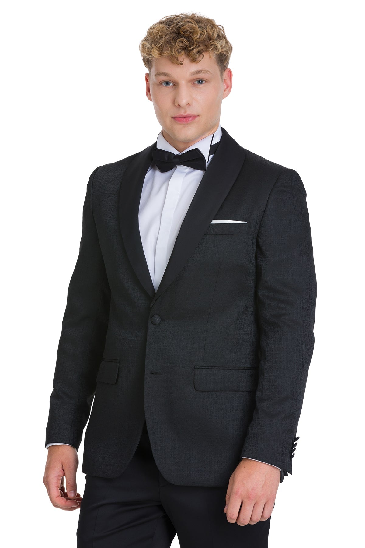Slim fit black tuxedo jacket with shawl lapel, single button, white pocket square ideal for evening events