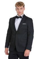 Slim fit black tuxedo jacket with shawl lapel, single button, white pocket square ideal for evening events