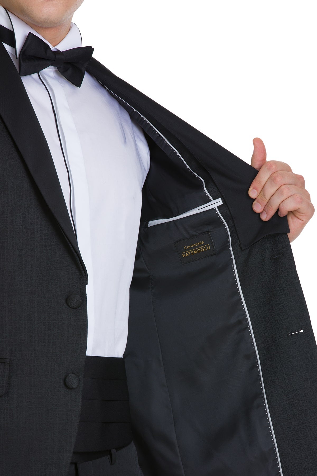Slim fit black tuxedo jacket with shawl lapel satin and white stitching inner lining for evening events
