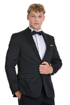 Slim fit black tuxedo jacket with satin shawl lapel and matching bow tie ideal for elegant evening events