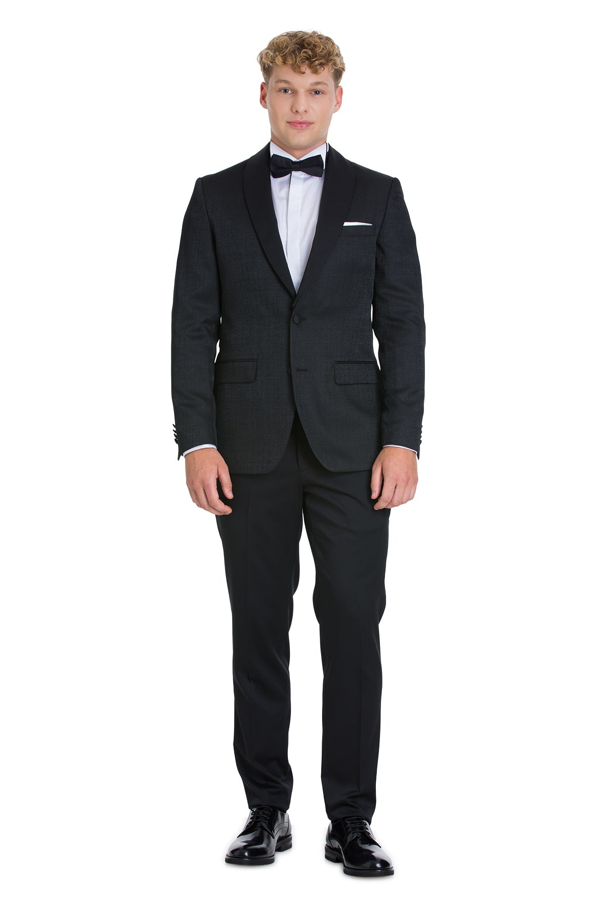 Slim fit black tuxedo with shawl lapel textured fabric and matching trousers perfect for evening events