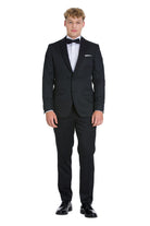 Slim fit black tuxedo with shawl lapel textured fabric and matching trousers perfect for evening events