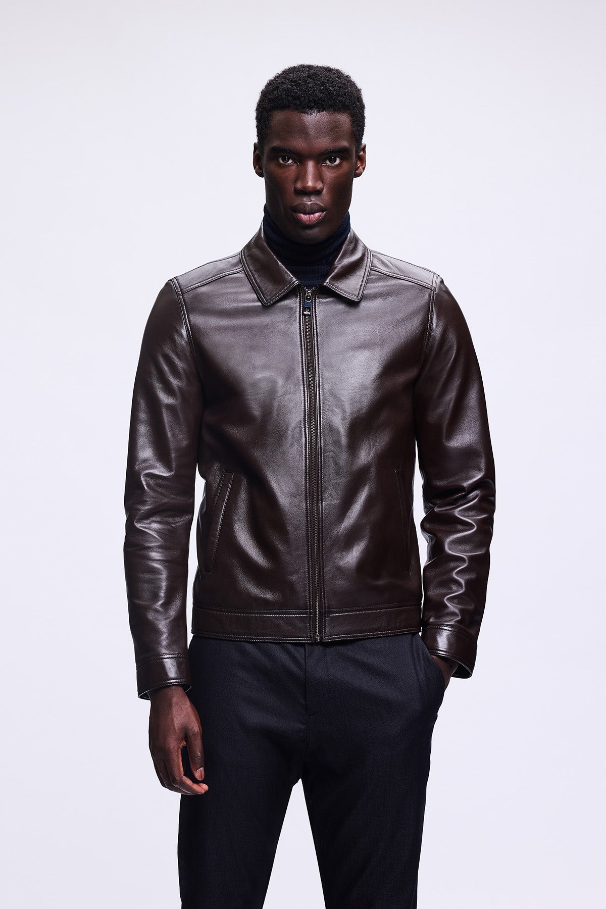 Slim Fit Shirt Collar Black 100% Leather Coat - SAYKI