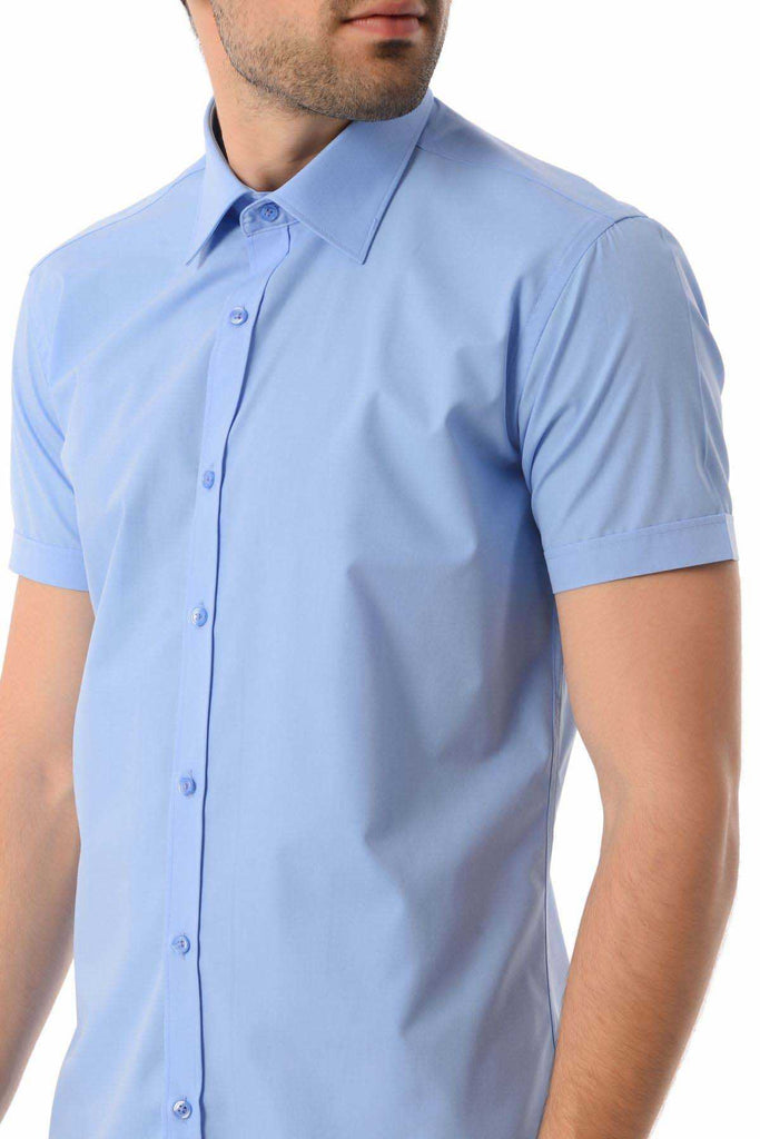 Slim Fit Short Sleeve Plain Cotton Blend Blue Dress Shirt