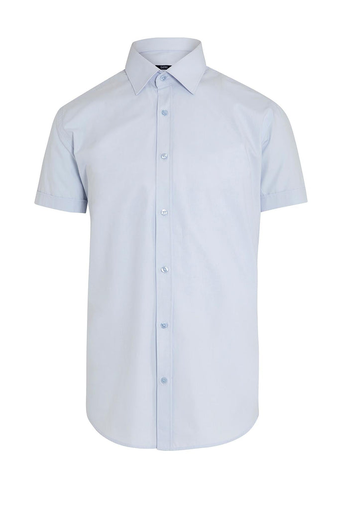 Slim Fit Short Sleeve Plain Cotton Blend Blue Dress Shirt