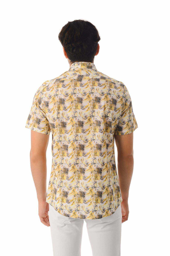 Slim Fit Short Sleeve Printed Cotton Yellow Casual Shirt
