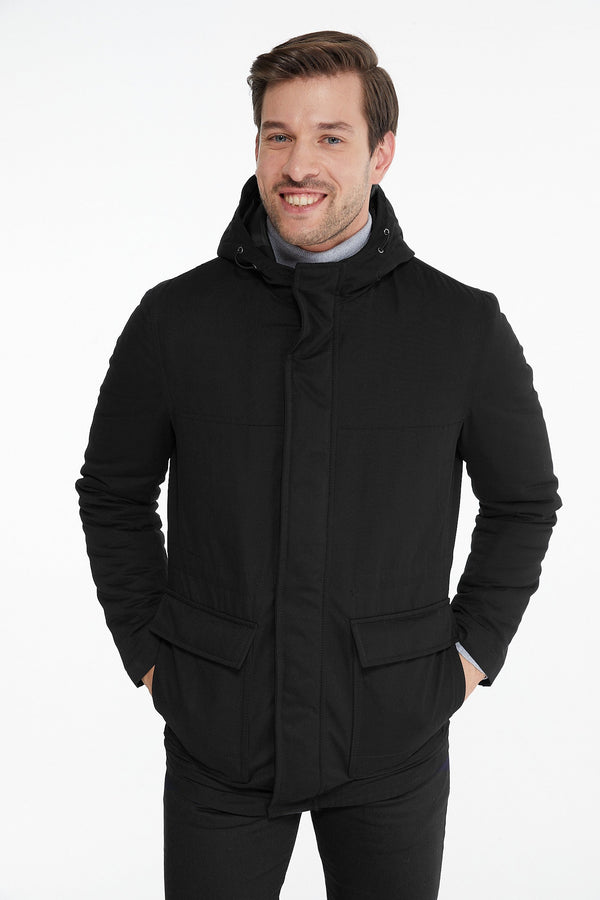 Black hooded winter jacket with a sleek, modern design and two front pockets.