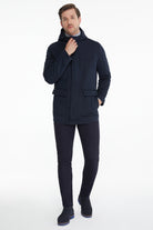Slim Fit Stand Collar Hooded Navy Coat - SAYKI