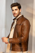 Slim Fit Stand Collar Tan Brown 100% Leather Coat