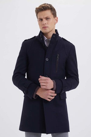 Slim Fit Stand Collar Wool Black Overcoat - MIB