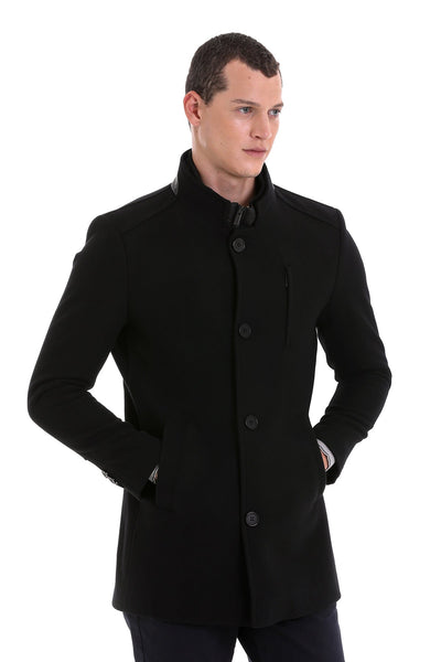 Slim Fit Stand Collar Wool Blend Black Overcoat – SAYKI