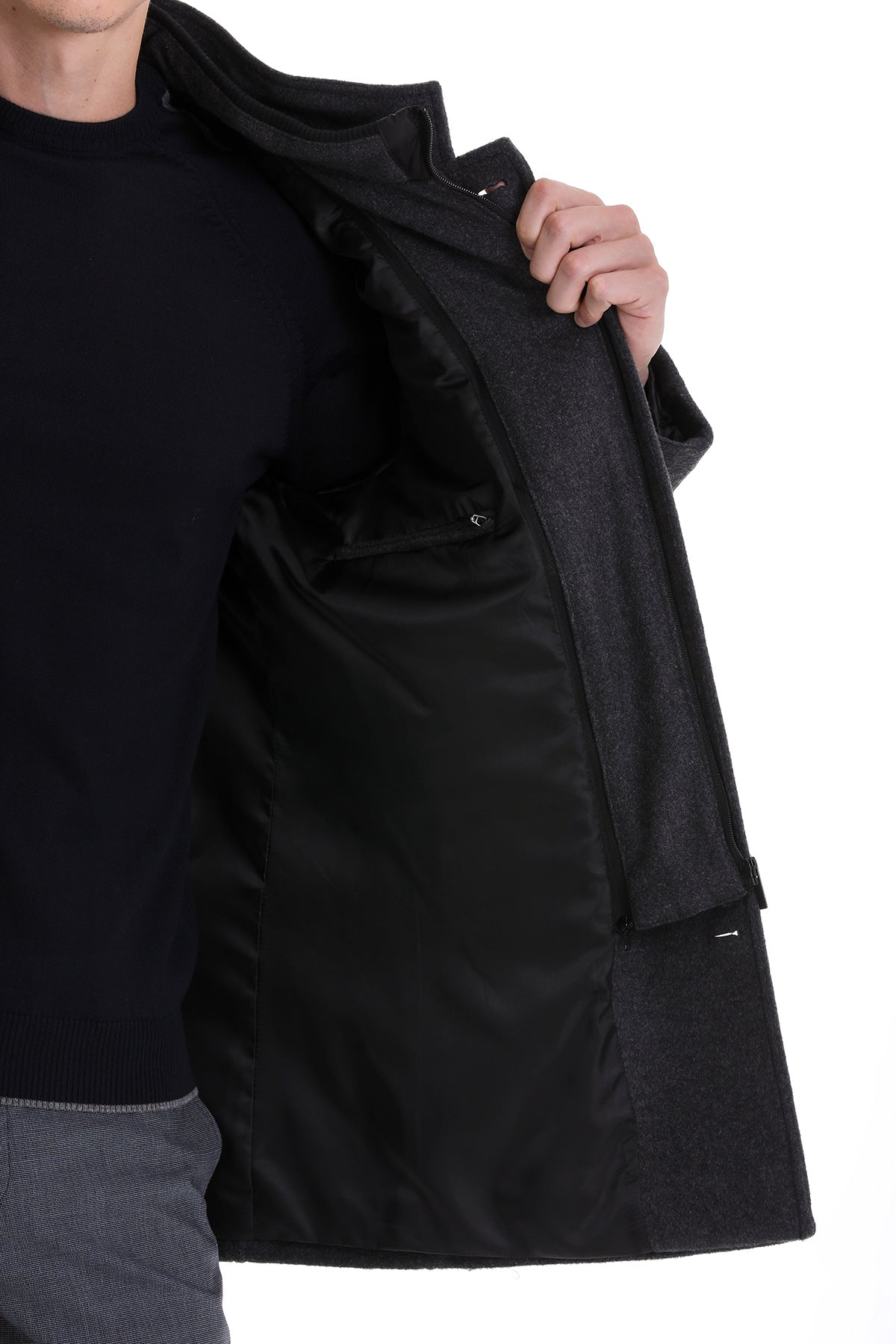 Slim Fit Stand Collar Wool Blend Dark Gray Overcoat – SAYKI