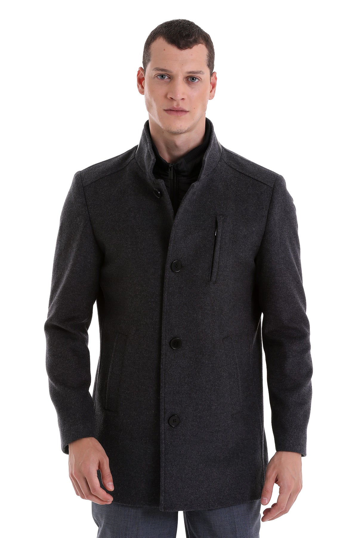 Slim Fit Stand Collar Wool Blend Dark Gray Overcoat – SAYKI