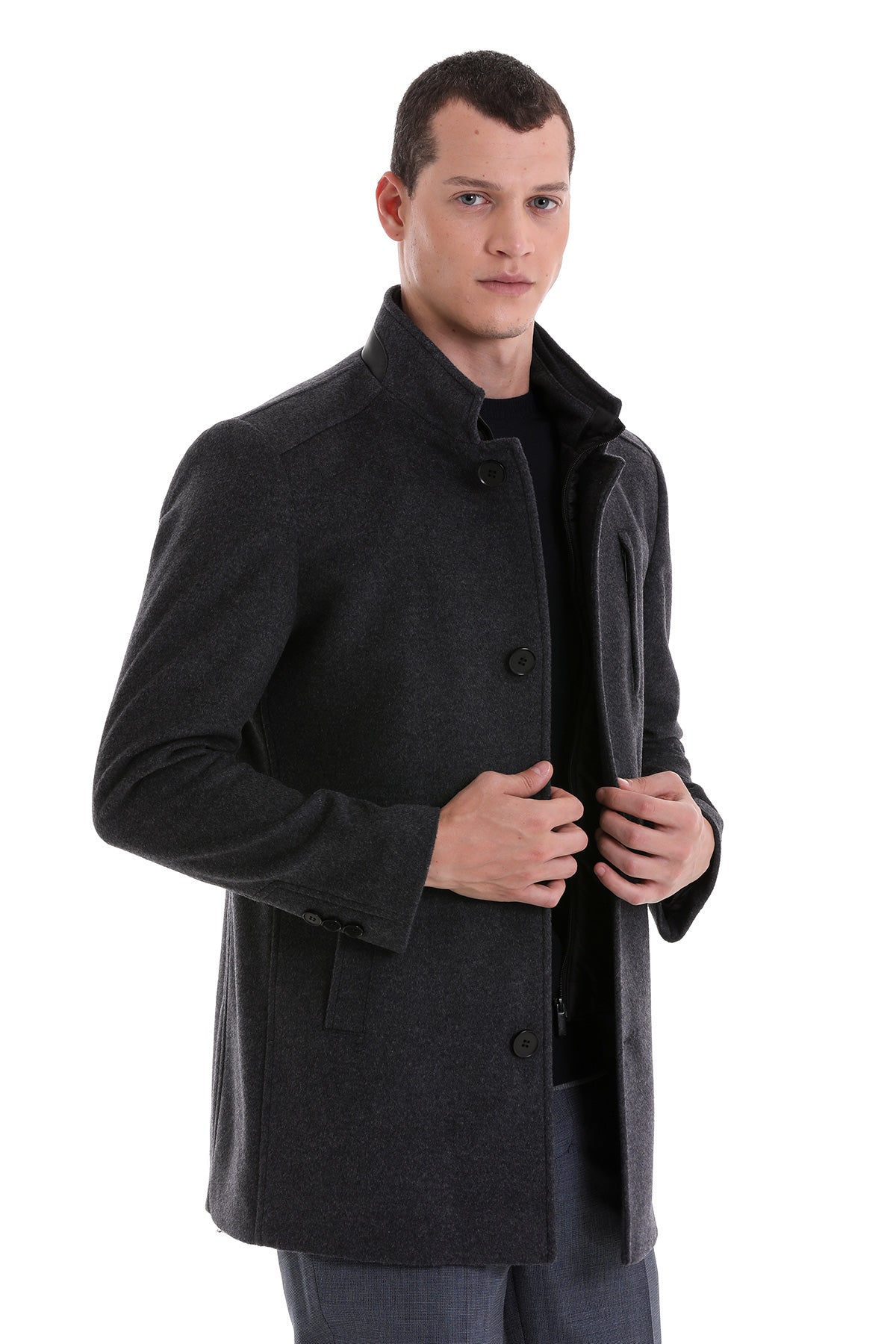 Slim Fit Stand Collar Wool Blend Dark Gray Overcoat – SAYKI