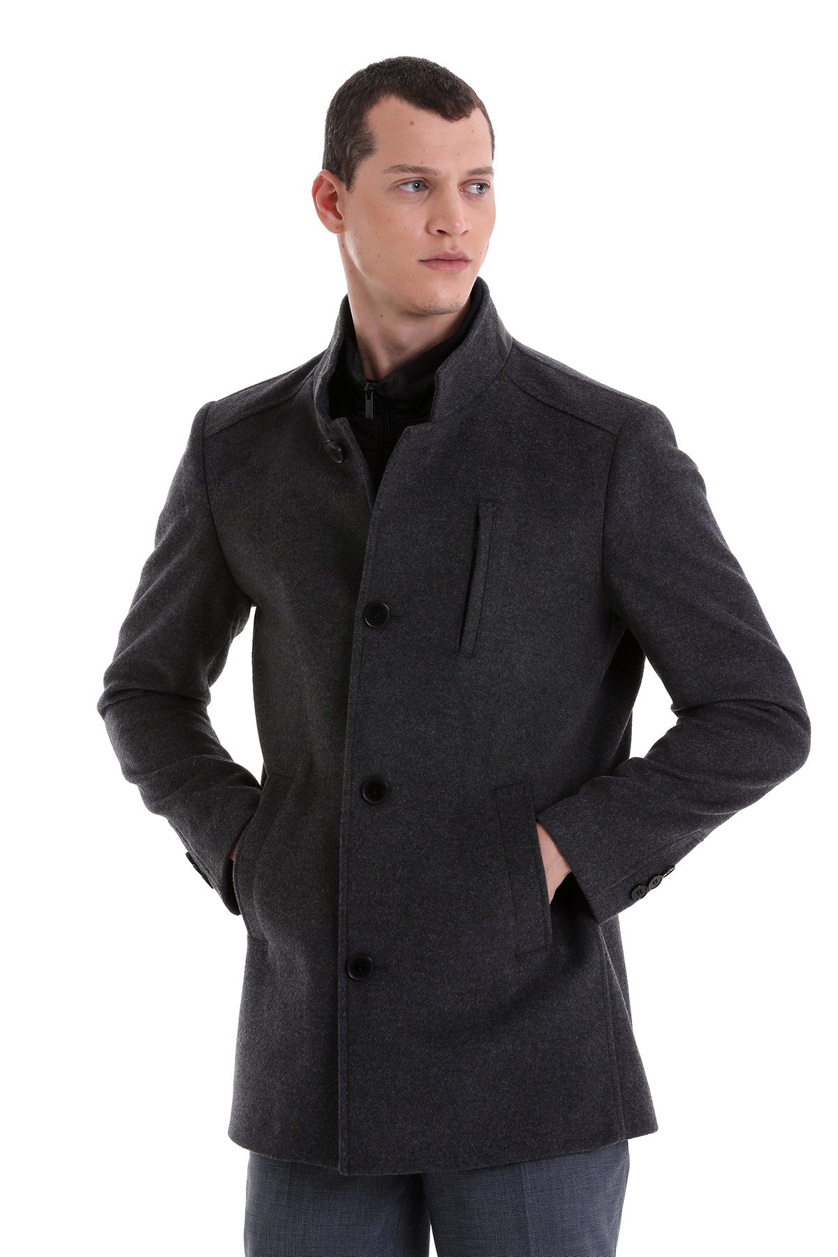 Slim Fit Stand Collar Wool Blend Dark Gray Overcoat – SAYKI