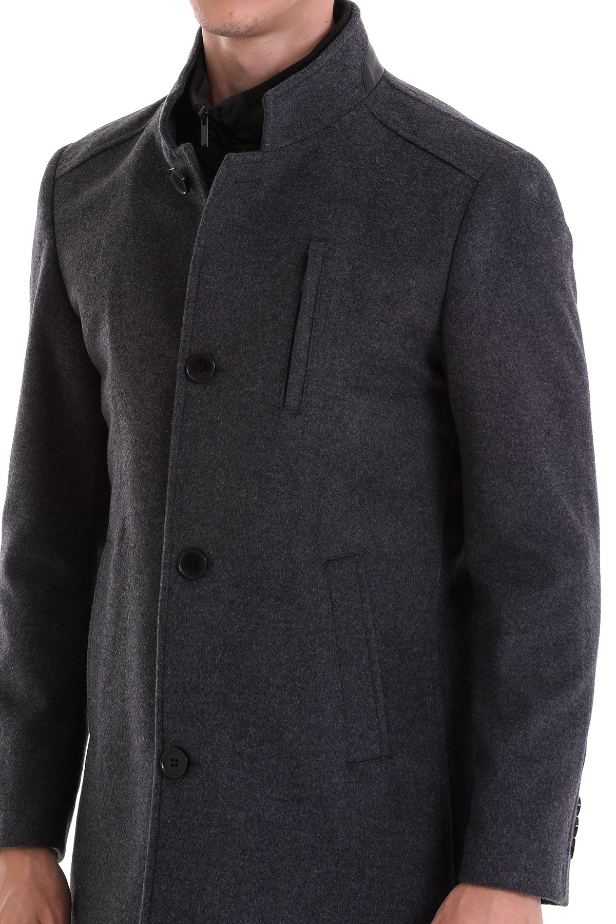Slim Fit Stand Collar Wool Blend Dark Gray Overcoat – SAYKI