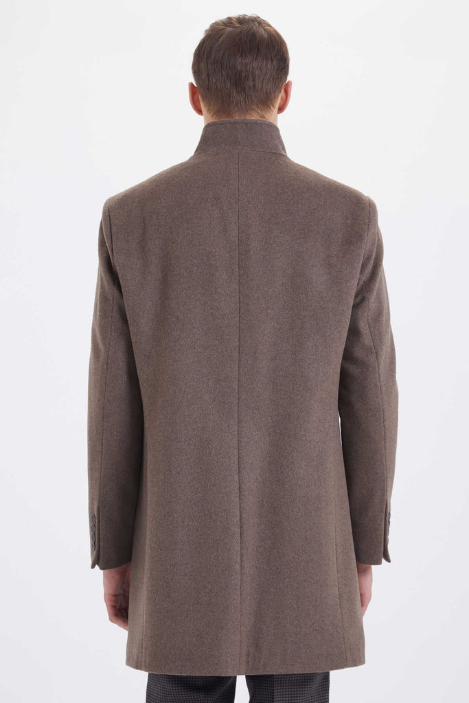 Slim Fit Stand Collar Wool Brown Overcoat - MIB