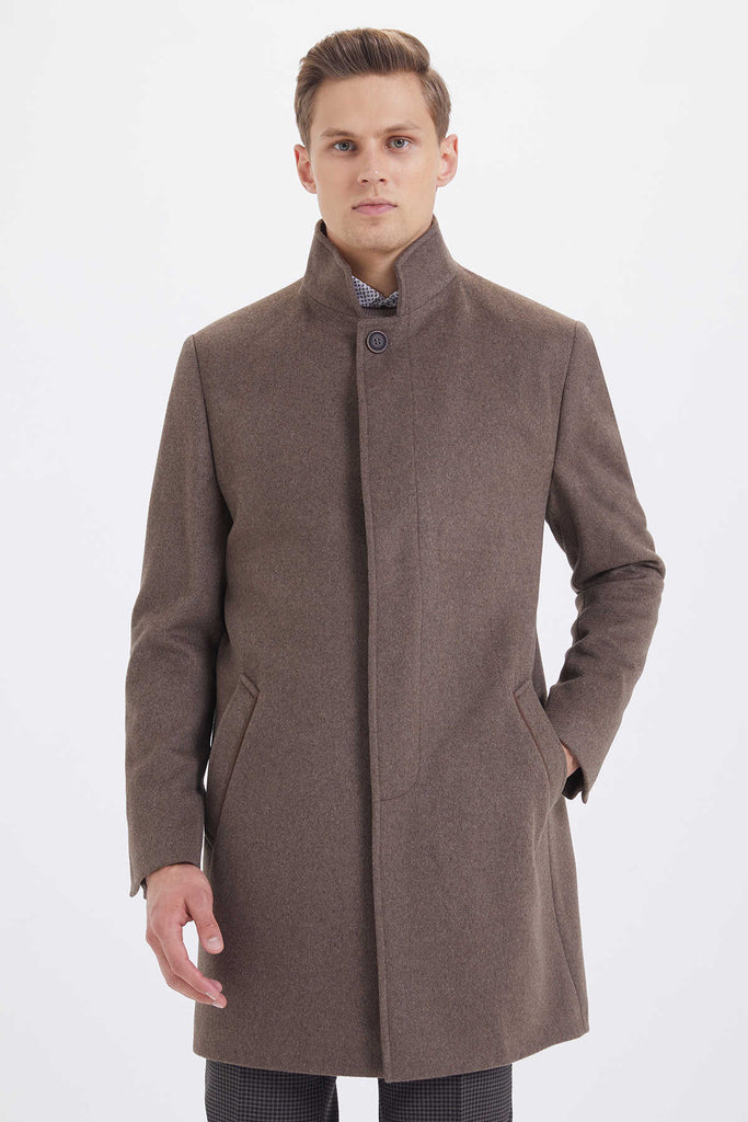Slim Fit Stand Collar Wool Brown Overcoat - MIB