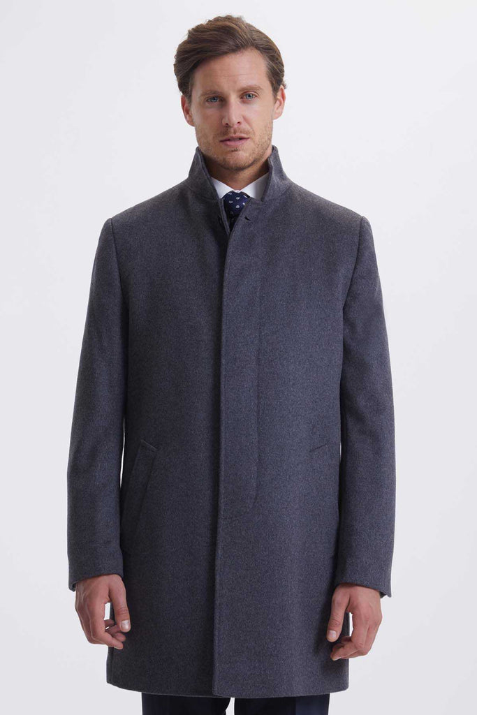 Slim Fit Stand Collar Wool Gray Overcoat - MIB
