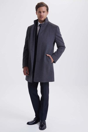 Slim Fit Stand Collar Wool Gray Overcoat - MIB