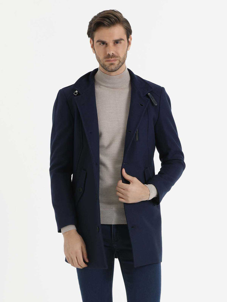 Slim Fit Stand Collar Woollen Overcoat - SAYKI