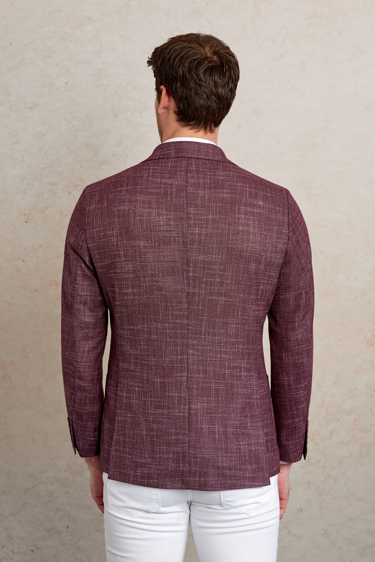 Slim Fit Textured Notch Lapel Burgundy Casual Blazer - SAYKI