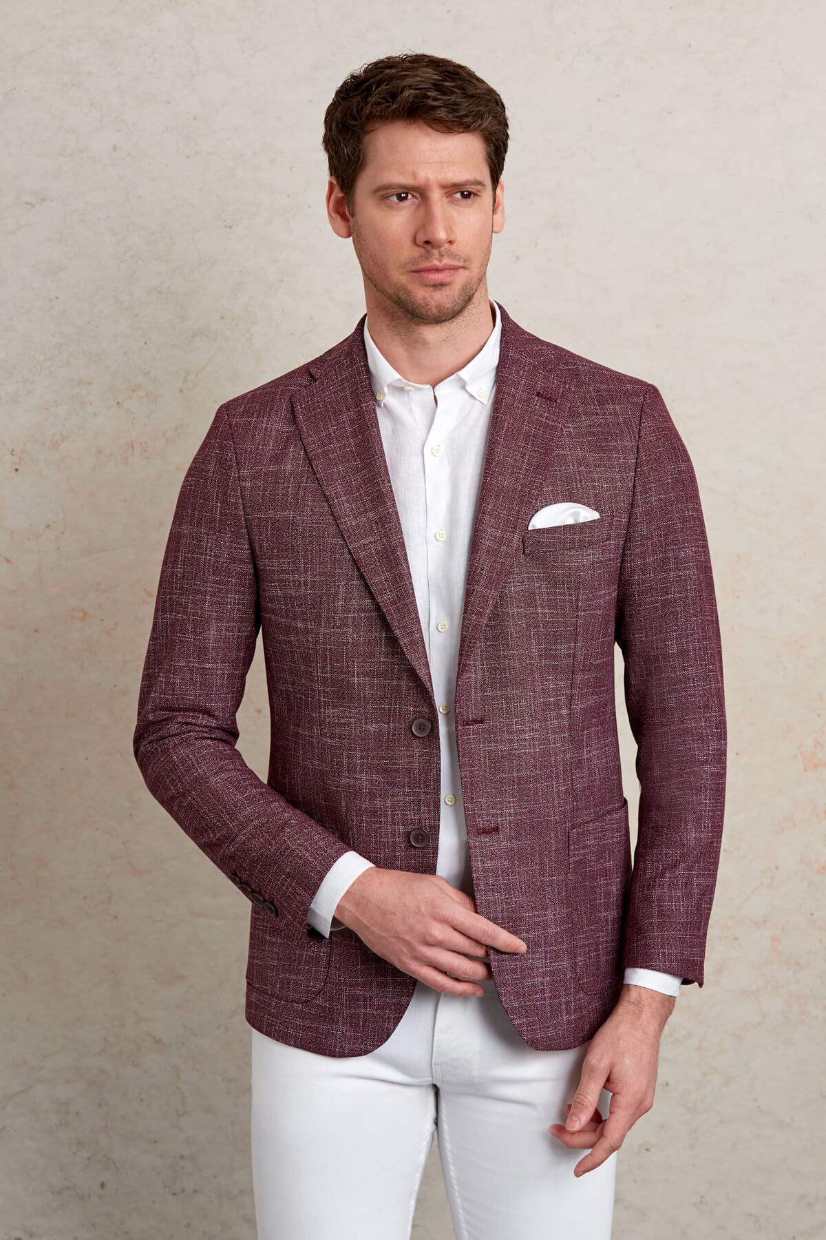 Slim Fit Textured Notch Lapel Burgundy Casual Blazer - SAYKI