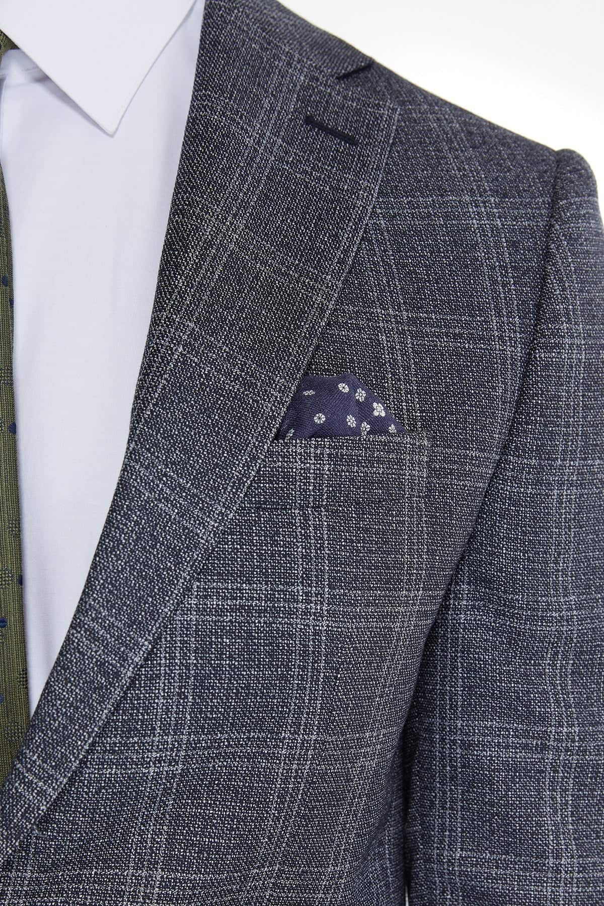 Slim Fit Tonal Plaid Notch Lapel Navy Casual Suit - SAYKI