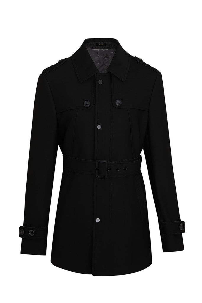 Slim Fit Trench Coat Vilnus Flat Collar Wool Blend Black