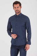 Slim Fit Wave Printed Cotton Blend Navy Casual Shirt