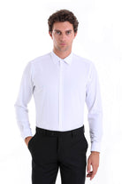 Slim fit white cotton blend dress shirt with long sleeves classic collar and button down front for formal wear