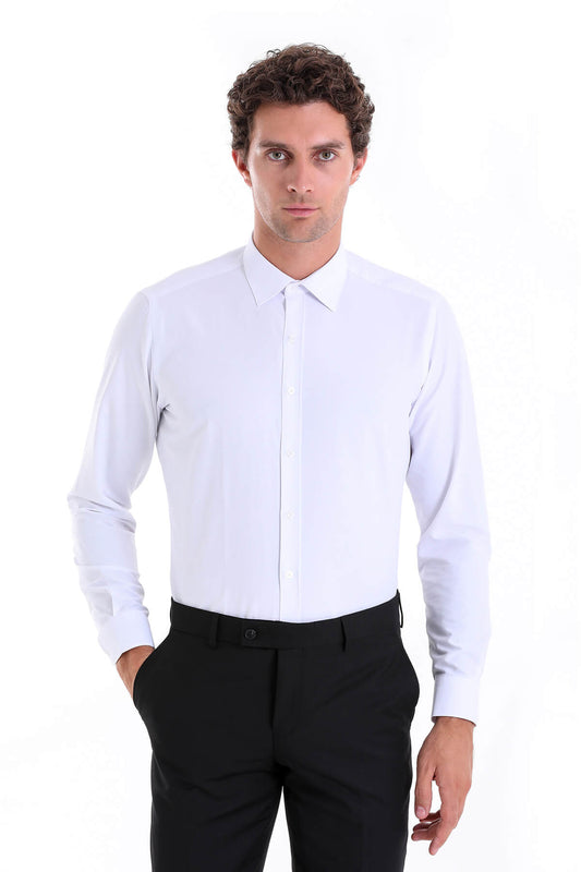 Slim fit white cotton blend dress shirt with long sleeves classic collar and button down front for formal wear