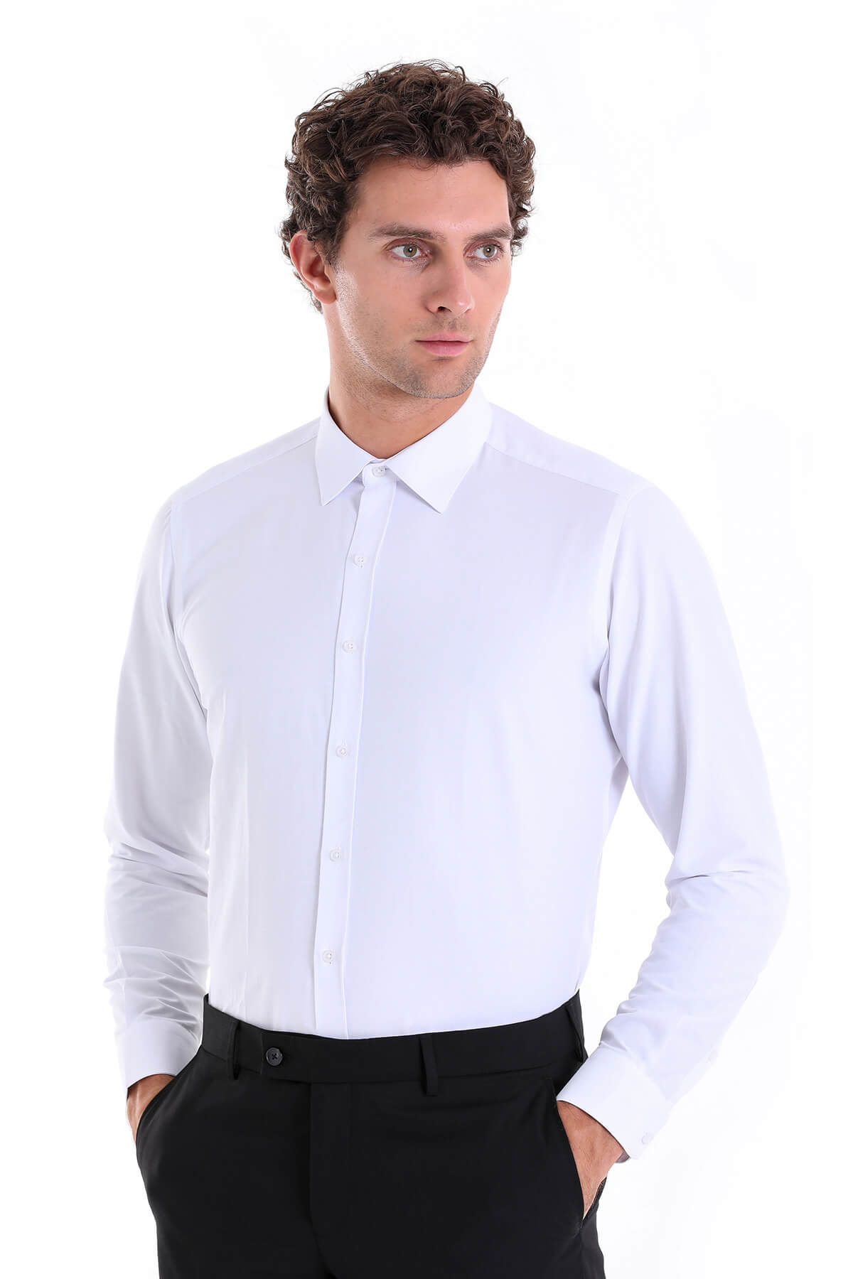 Slim fit white cotton blend dress shirt with long sleeves classic collar and button down front