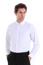 Slim fit white cotton blend dress shirt with long sleeves classic collar and button down front