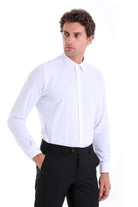 Slim fit white cotton blend dress shirt with long sleeves classic collar and button-down front