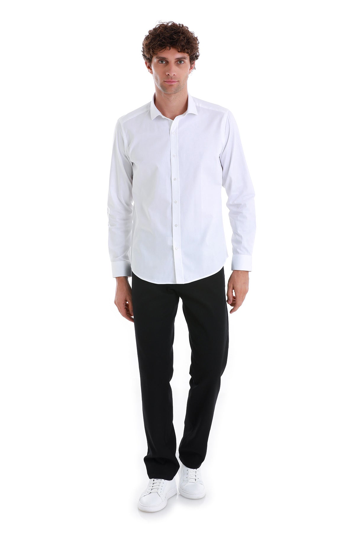 Slim Fit White Long Sleeve 100% Cotton Dress Shirt - SAYKI