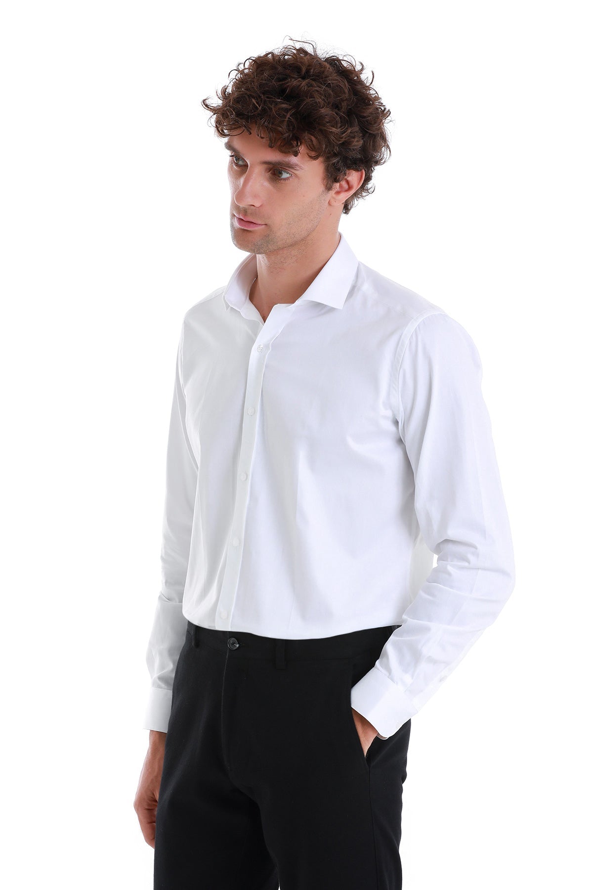 Slim Fit White Long Sleeve 100% Cotton Dress Shirt - SAYKI