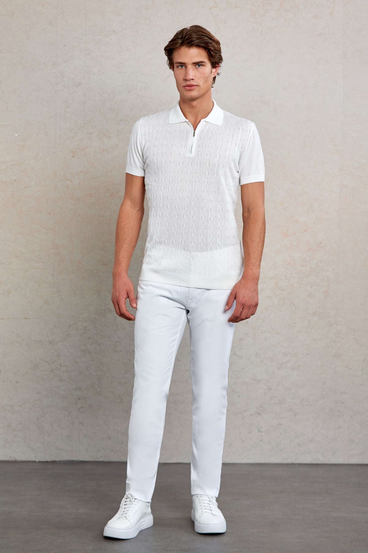 Slim Fit White Quarter-Zip Knit Polo T-Shirt – SAYKI