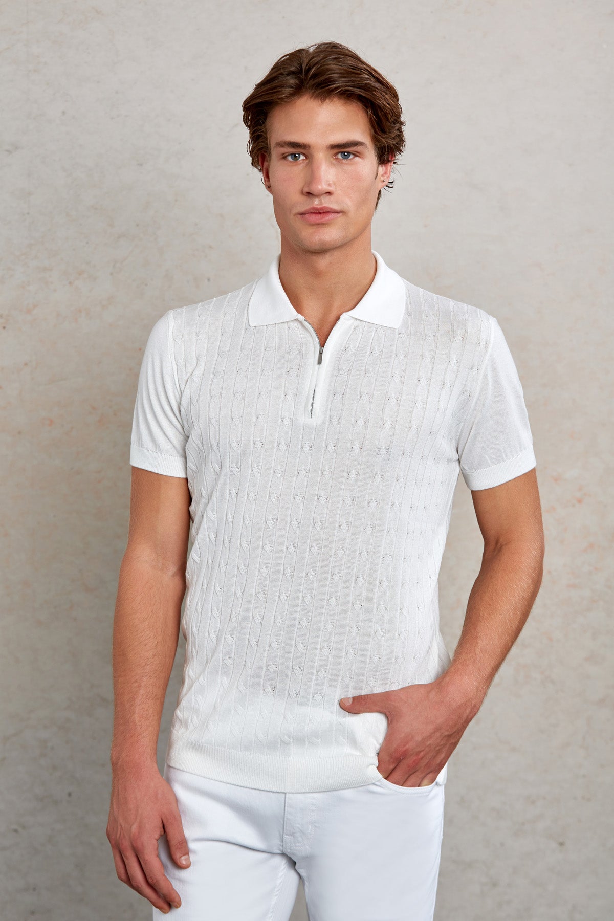 Polo　Mサイズ　ホワイトニット Slim Fit White Quarter-Zip Knit Polo T-Shirt – SAYKI
